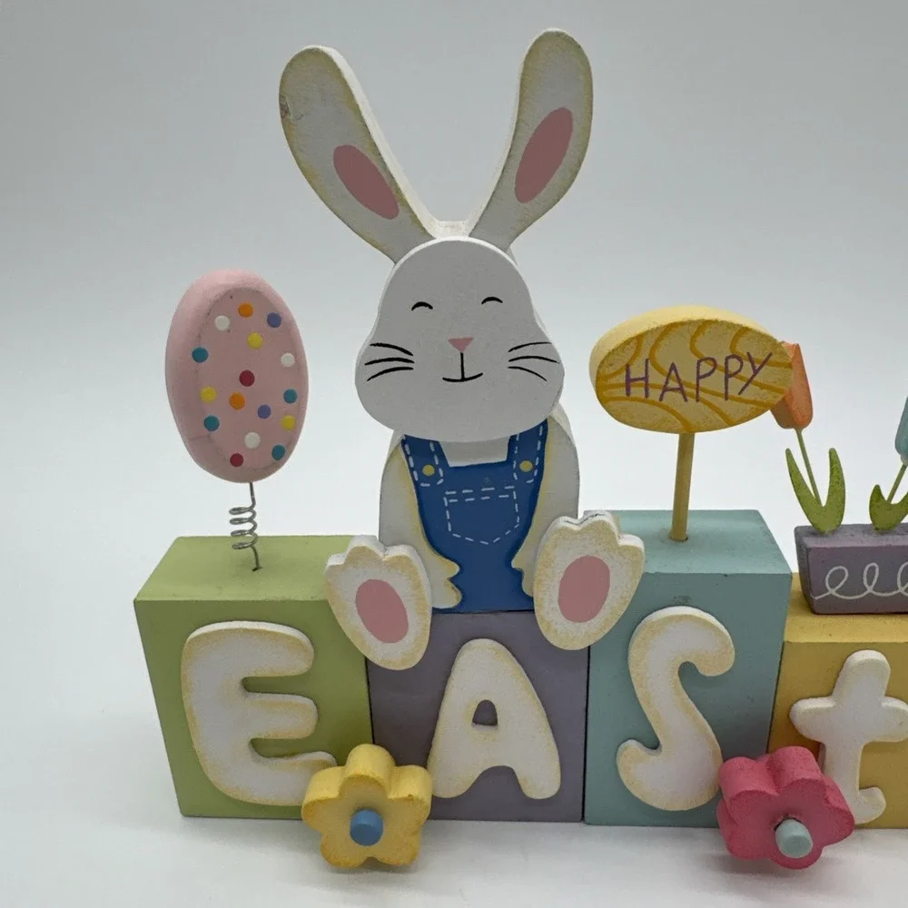 WOODEN PAINTED EASTER BUNNY And  Eggs FAMILY DECOR 9 1/4